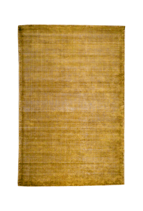 Golden yellow velvet rug with subtle grid texture pattern and worn vintage finish