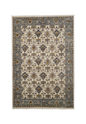 Cream and blue traditional rug with geometric diamond patterns and ornate border