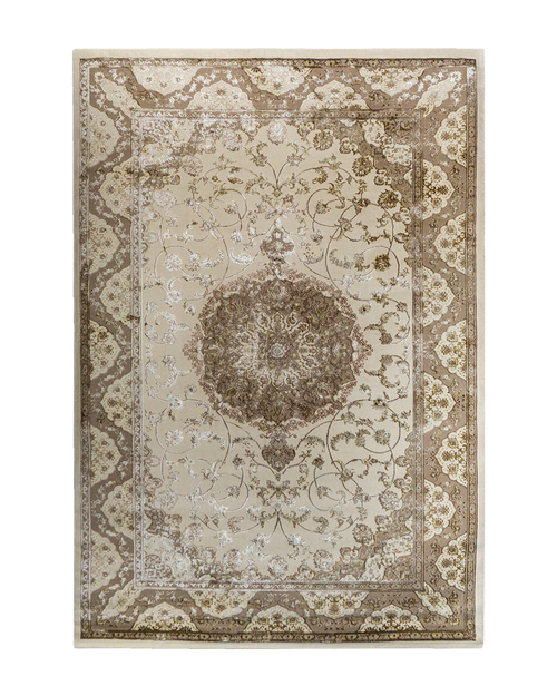 Vintage-style beige and brown medallion rug with ornate floral border pattern