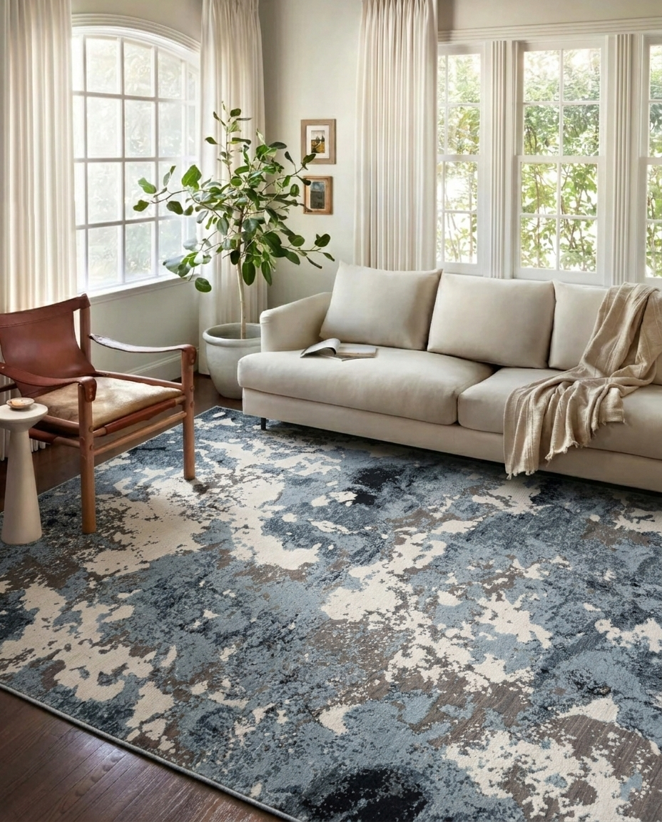 Modern distressed area rug with blue, grey and cream abstract paint splatter pattern