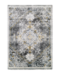 Vintage-style rug with ornate geometric patterns in gray, gold, and black tones