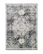 Vintage-style rug with ornate geometric patterns in gray, gold, and black tones