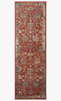 Red and cream vintage patterned runner rug in modern kitchen with wood cabinetry