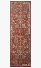 Red and cream vintage patterned runner rug in modern kitchen with wood cabinetry