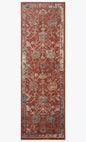 Red and cream vintage patterned runner rug in modern kitchen with wood cabinetry