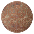 Vintage-style area rug with rust red background and ornate floral damask pattern in cream and blue tones