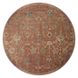 Vintage-style area rug with rust red background and ornate floral damask pattern in cream and blue tones
