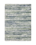 Striped area rug with green, navy and cream horizontal bands in textured weave