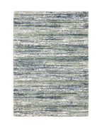Striped area rug with green, navy and cream horizontal bands in textured weave