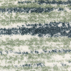 Striped area rug with green, navy and cream horizontal bands in textured weave