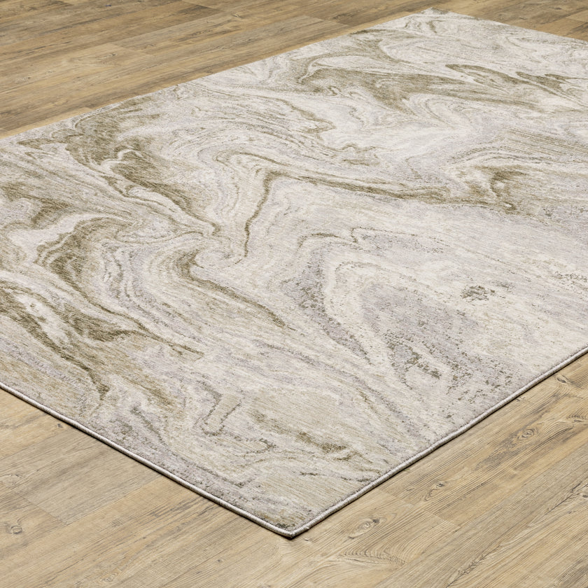 Beige and taupe marbled swirl pattern area rug with textured finish