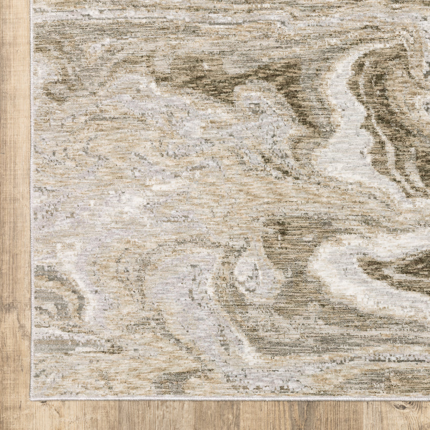 Beige and taupe marbled swirl pattern area rug with textured finish