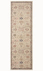 Vintage-style area rug with cream base, intricate geometric and floral patterns in rust and blue tones