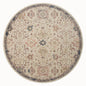 Vintage-style area rug with cream base, intricate geometric and floral patterns in rust and blue tones