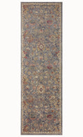 Gray traditional rug with floral pattern and ornate border in rust and gold tones