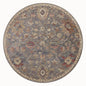 Gray traditional rug with floral pattern and ornate border in rust and gold tones