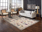 Cream wool rug with multicolored floral medallions and ornate border design